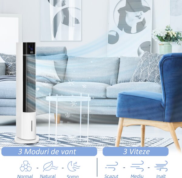 HOMCOM Ventilator Coloană cu 3 Moduri Răcire, 3 Viteze, Telecomandă, 60W, Design Elegant, Alb | Aosom Romania