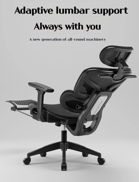 Scaun ergonomic, Sezut Translatie, Cotiere 6D, Tetiera 6D, Suport Lombar Adaptiv, Spătar reglabil inaltime, pivotant, suport picioare, sezut buretat, Negru