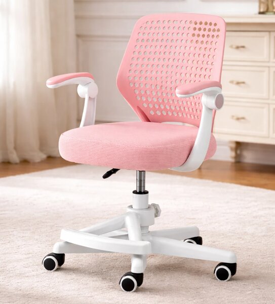 Scaun ergonomic copii, Reglabil pe inaltime, Cotiere rabatabile 2D, Roti blocare automata, baza PP, Roz
