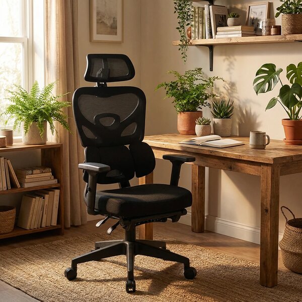 Scaun ergonomic, Suport Lombar 3 Zone Dinamice, Spătar ajustabil pe inaltime, cotiere 3D, tetiera 3D, suport pentru picioare, umeras, pivotant, Mesh, Negru