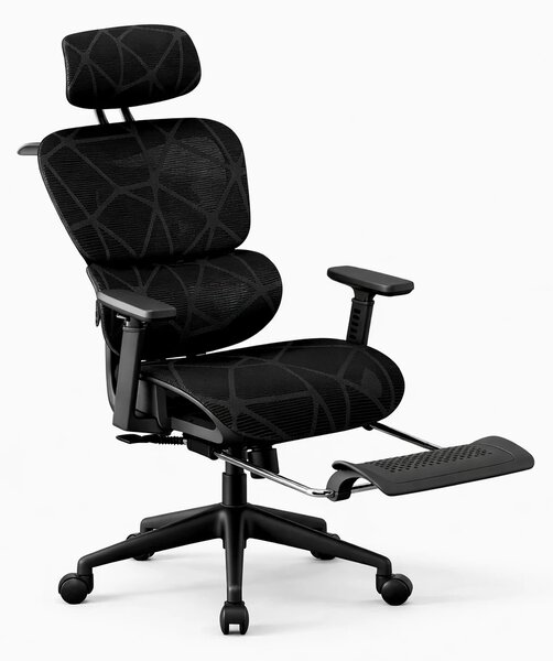 VÉRION PRO MESH – Scaun ergonomic, functie translatie sezut, cotiere reglabile 3D, tetiera 3D, suport lombar reglabil, spătar reglabil inaltime, pivotant, suport picioare, Negru