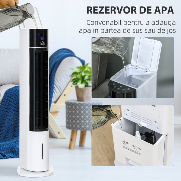 HOMCOM Ventilator Coloană cu 3 Moduri Răcire, 3 Viteze, Telecomandă, 60W, Design Elegant, Alb | Aosom Romania