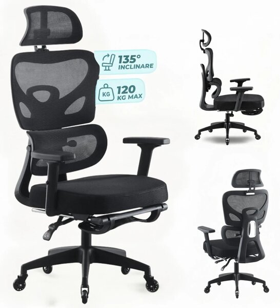Scaun ergonomic, cotiere 3D, suport lombar adaptiv, spătar reglabil pe inaltime, tetiera 3D, suport pentru picioare, pivotant, Mesh, Negru