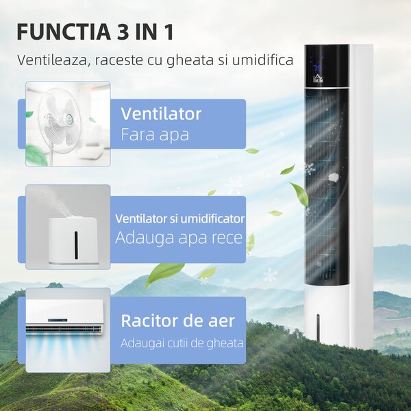 HOMCOM Ventilator Coloană cu 3 Moduri Răcire, 3 Viteze, Telecomandă, 60W, Design Elegant, Alb | Aosom Romania