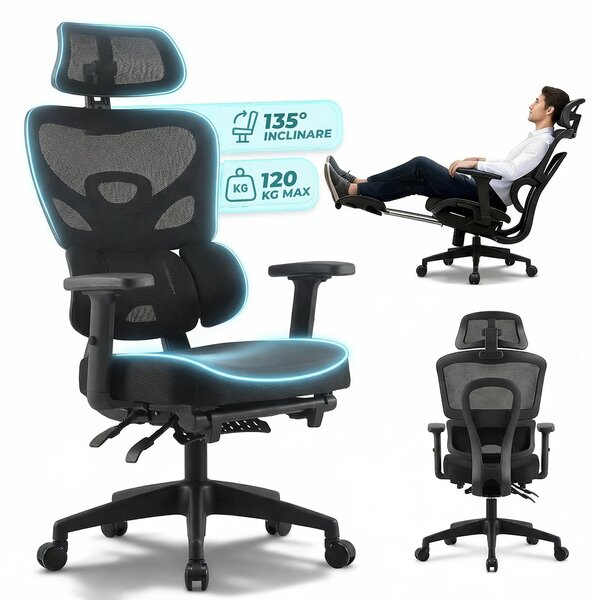 Scaun ergonomic, Suport Lombar 3 Zone Dinamice, Spătar ajustabil pe inaltime, cotiere 3D, tetiera 3D, suport pentru picioare, umeras, pivotant, Mesh, Negru
