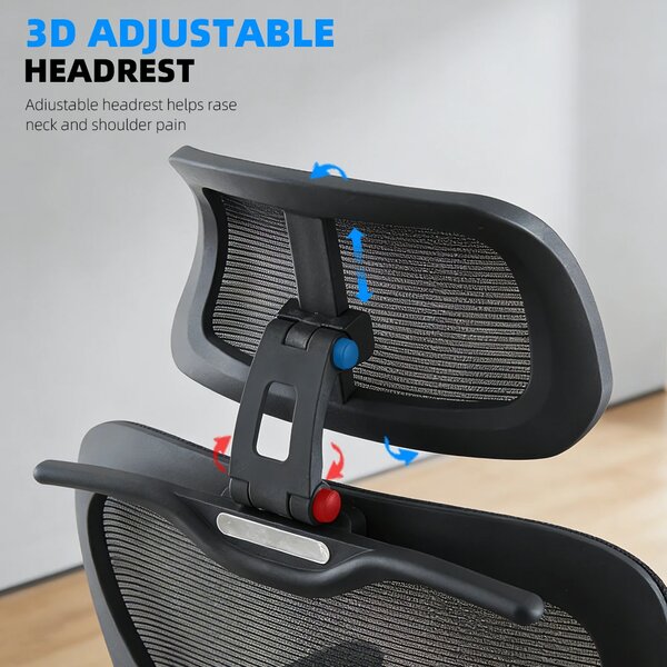 Scaun ergonomic, Suport Lombar 3 Zone Dinamice, Spătar ajustabil pe inaltime, cotiere 3D, tetiera 3D, suport pentru picioare, umeras, pivotant, Mesh, Negru