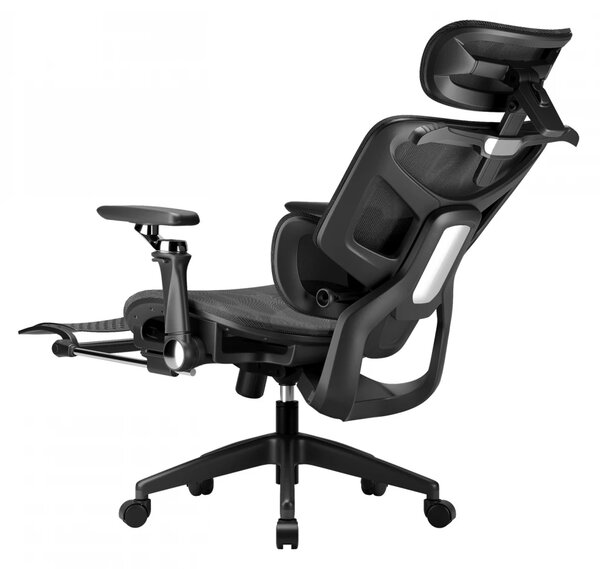 Scaun ergonomic, translatie sezut, cotiere 6D, tetiera 3D, suport lombar reglabil, pivotant, suport pentru picioare, Negru