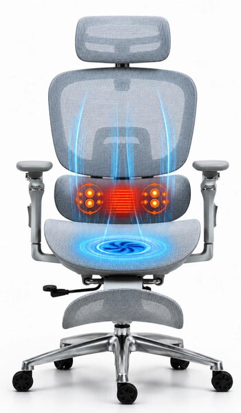 VIGOCHAIR ULTRA PRO VENT/ROLLER Scaun ergonomic, sezut cu ventilatie, spatar reglare verticala, suport lombar cu role masaj si incalzire, sezut translatie, cotiere 6D, suport picioare, Full Mesh, Gri