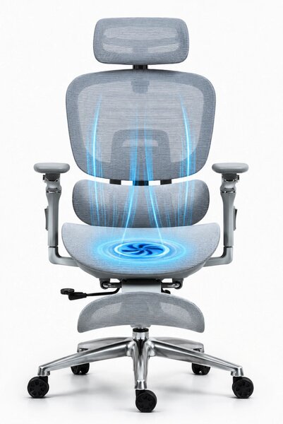 VIGOCHAIR ULTRA PRO VENT/ROLLER Scaun ergonomic, sezut cu ventilatie, spatar reglare verticala, suport lombar cu role masaj si incalzire, sezut translatie, cotiere 6D, suport picioare, Full Mesh, Gri