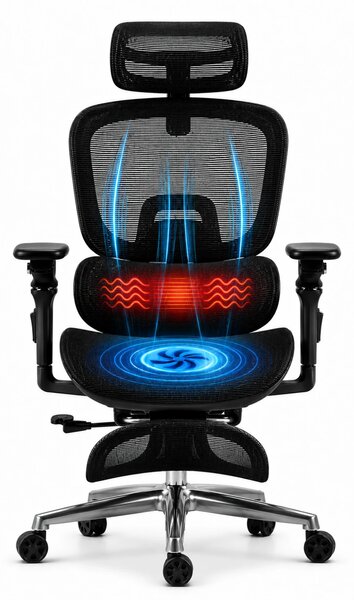 VIGOCHAIR ULTRA PRO VENT Scaun ergonomic, suport lombar cu masaj si incalzire, sezut cu ventilatie, sezut translatie, spatar reglare verticala, cotiere 6D, suport picioare, Full Mesh, Negru