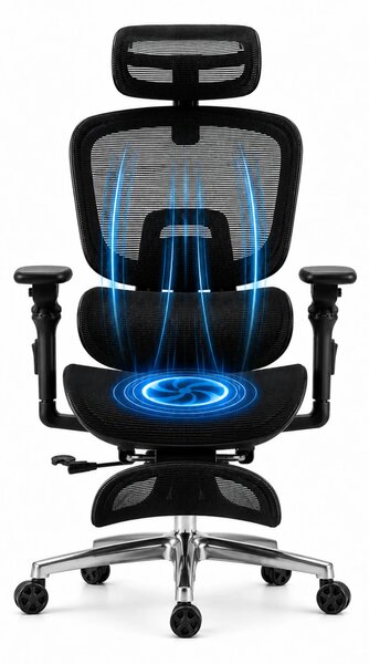 VIGOCHAIR ULTRA PRO VENT Scaun ergonomic, suport lombar cu masaj si incalzire, sezut cu ventilatie, sezut translatie, spatar reglare verticala, cotiere 6D, suport picioare, Full Mesh, Negru