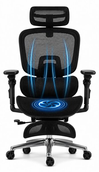 VIGOCHAIR ULTRA PRO VENT Scaun ergonomic, suport lombar cu masaj si incalzire, sezut cu ventilatie, sezut translatie, spatar reglare verticala, cotiere 6D, suport picioare, Full Mesh, Negru