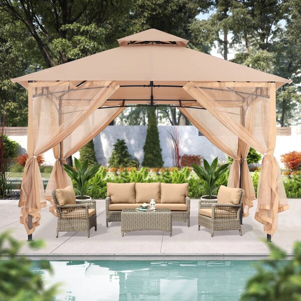 ABCCANOPY Foișor de gradina 3.3x3.3 m - Foișor exterior cu cadru din oțel și plasă de țânțari pentru gazon, curte, grădină, terasă, Kaki