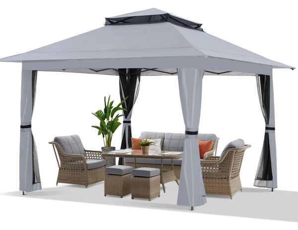 ABCCANOPY Foișor de gradina 3.96x3.96 m - Foișor exterior cu cadru din oțel și plasă de țânțari, înălțime reglabilă 3 trepte, pentru gazon, curte, grădină, terasă, Gri