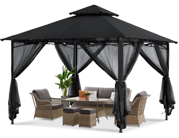 ABCCANOPY Foișor de gradina 3.3x3.3 m - Foișor exterior cu cadru din oțel și plasă de țânțari pentru gazon, curte, grădină, terasă, Negru