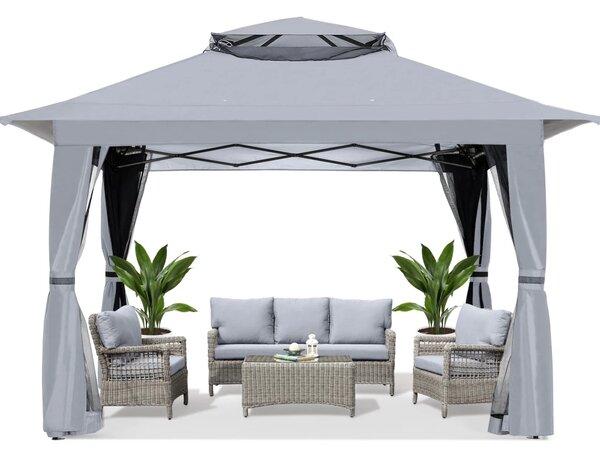 ABCCANOPY Foișor de gradina 3.96x3.96 m - Foișor exterior cu cadru din oțel și plasă de țânțari, înălțime reglabilă 3 trepte, pentru gazon, curte, grădină, terasă, Gri