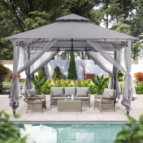 ABCCANOPY Foișor de gradina 3.3x3.3 m - Foișor exterior cu cadru din oțel și plasă de țânțari pentru gazon, curte, grădină, terasă, Gri