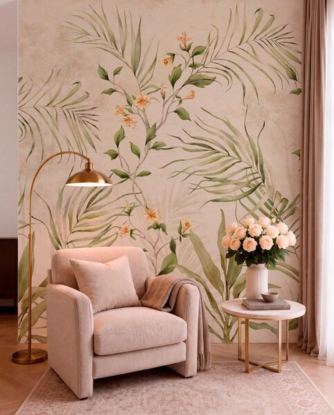 Tapet Frunze tropicale și flori delicate pe un fundal bej, Imagini de fundal unice, w05625 : Uwalls.ro