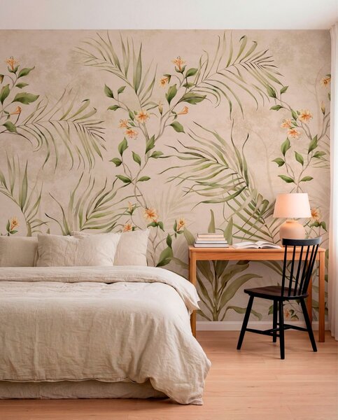 Tapet Frunze tropicale și flori delicate pe un fundal bej, Imagini de fundal unice, w05625 : Uwalls.ro