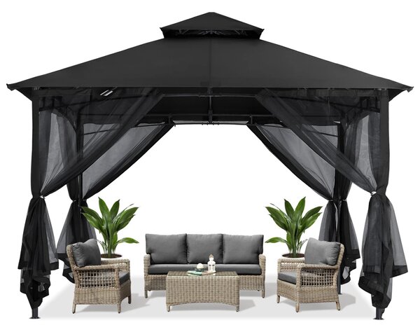 ABCCANOPY Foișor de gradina 3.3x3.3 m - Foișor exterior cu cadru din oțel și plasă de țânțari pentru gazon, curte, grădină, terasă, Negru