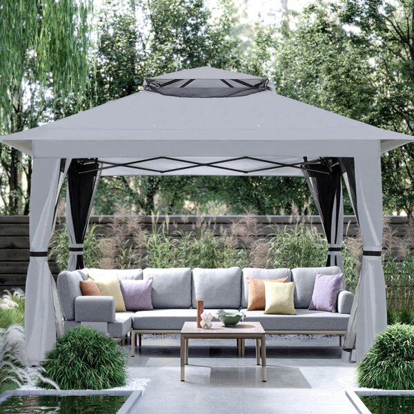ABCCANOPY Foișor de gradina 3.96x3.96 m - Foișor exterior cu cadru din oțel și plasă de țânțari, înălțime reglabilă 3 trepte, pentru gazon, curte, grădină, terasă, Gri