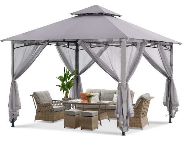 ABCCANOPY Foișor de gradina 3.3x3.3 m - Foișor exterior cu cadru din oțel și plasă de țânțari pentru gazon, curte, grădină, terasă, Gri