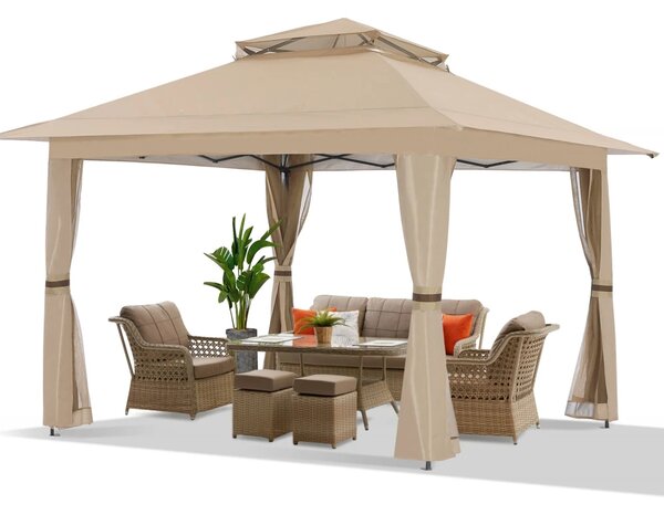ABCCANOPY Foișor de gradina 3.96x3.96 m - Foișor exterior cu cadru din oțel și plasă de țânțari, înălțime reglabilă 3 trepte, pentru gazon, curte, grădină, terasă, Kaki