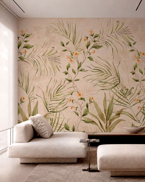 Tapet Frunze tropicale și flori delicate pe un fundal bej, Imagini de fundal unice, w05625 : Uwalls.ro