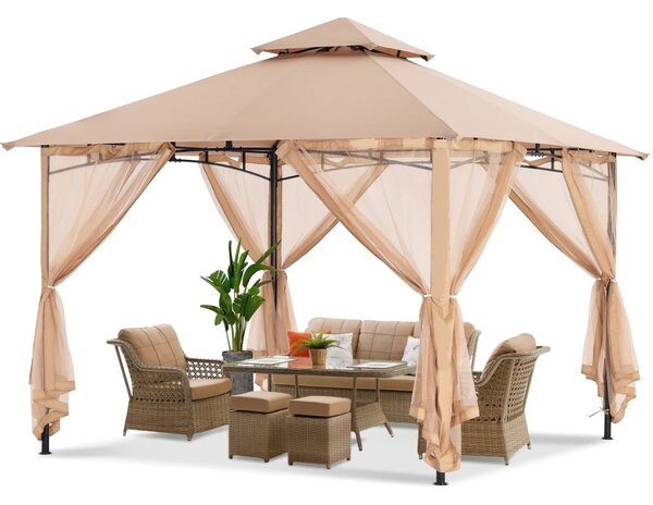 ABCCANOPY Foișor de gradina 3.3x3.3 m - Foișor exterior cu cadru din oțel și plasă de țânțari pentru gazon, curte, grădină, terasă, Kaki