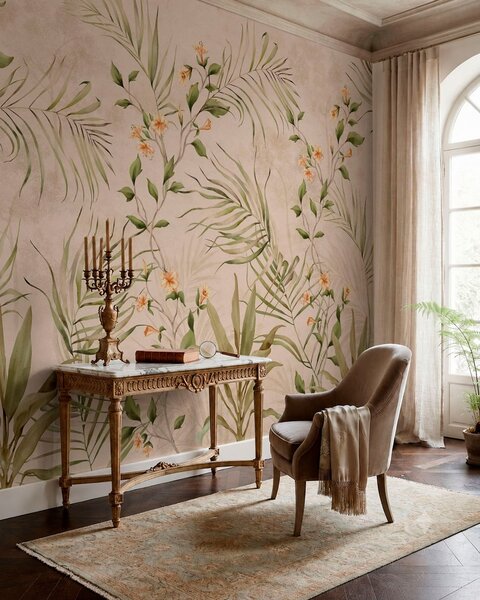 Tapet Frunze tropicale și flori delicate pe un fundal bej, Imagini de fundal unice, w05625 : Uwalls.ro