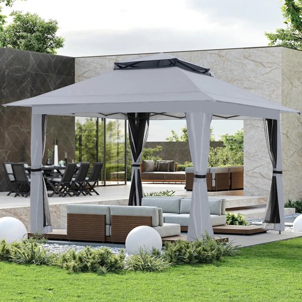 ABCCANOPY Foișor de gradina 3.96x3.96 m - Foișor exterior cu cadru din oțel și plasă de țânțari, înălțime reglabilă 3 trepte, pentru gazon, curte, grădină, terasă, Gri