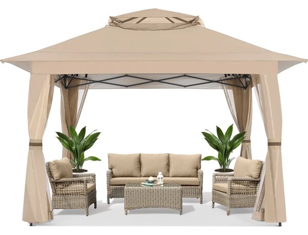 ABCCANOPY Foișor de gradina 3.96x3.96 m - Foișor exterior cu cadru din oțel și plasă de țânțari, înălțime reglabilă 3 trepte, pentru gazon, curte, grădină, terasă, Kaki