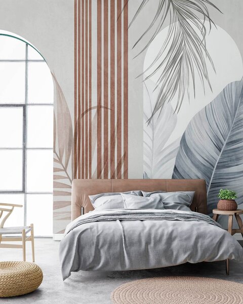 Tapet Compoziție abstractă cu frunze de palmier, arcade geometrice și dungi verticale, Imagini de fundal unice, w10110v1 : Uwalls.ro