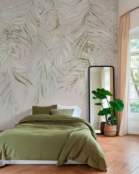 Tapet Frunze tropicale în culori pastelate pe un fundal deschis, Fototapet pădure, Fototapet Tropics, w05627 : Uwalls.ro
