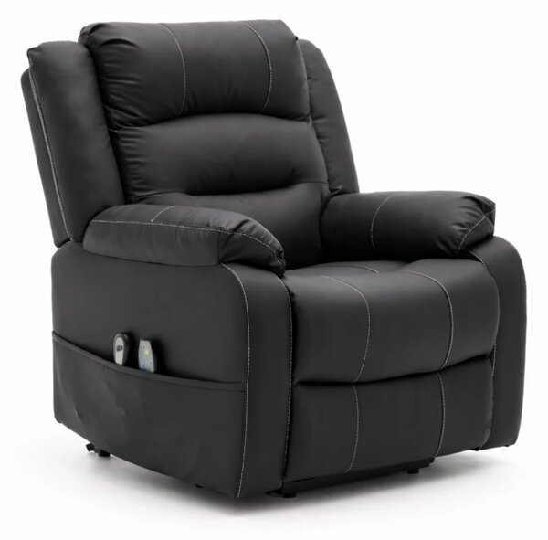 Fotoliu Electric Power Lift&Recliner, ridicare și rabatare, masaj și incalzire, buzunar lateral, telecomenzi, PU, Negru