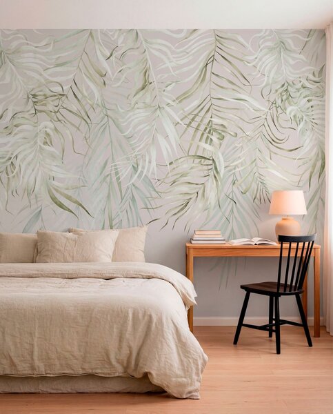 Tapet Frunze tropicale în culori pastelate pe un fundal deschis, Fototapet pădure, Fototapet Tropics, w05627 : Uwalls.ro