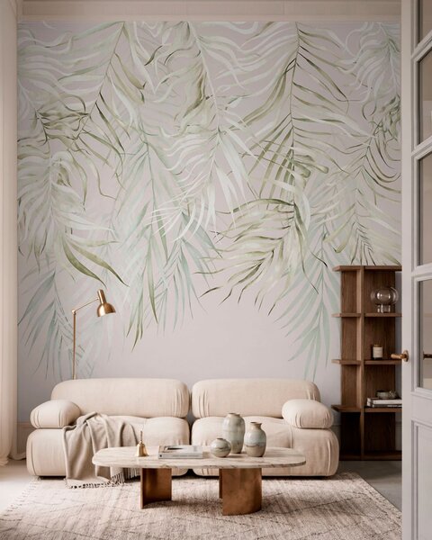 Tapet Frunze tropicale în culori pastelate pe un fundal deschis, Fototapet pădure, Fototapet Tropics, w05627 : Uwalls.ro