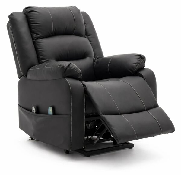 Fotoliu Electric Power Lift&Recliner, ridicare și rabatare, masaj și incalzire, buzunar lateral, telecomenzi, PU, Negru