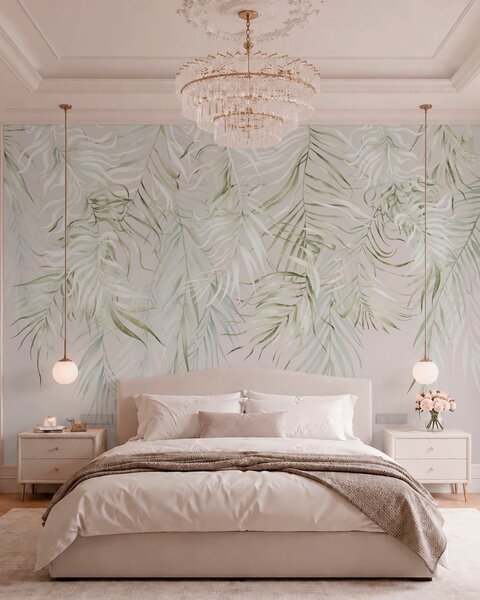 Tapet Frunze tropicale în culori pastelate pe un fundal deschis, Fototapet pădure, Fototapet Tropics, w05627 : Uwalls.ro
