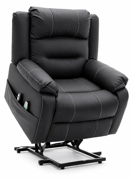 Fotoliu Electric Power Lift&Recliner, ridicare și rabatare, masaj și incalzire, buzunar lateral, telecomenzi, PU, Negru