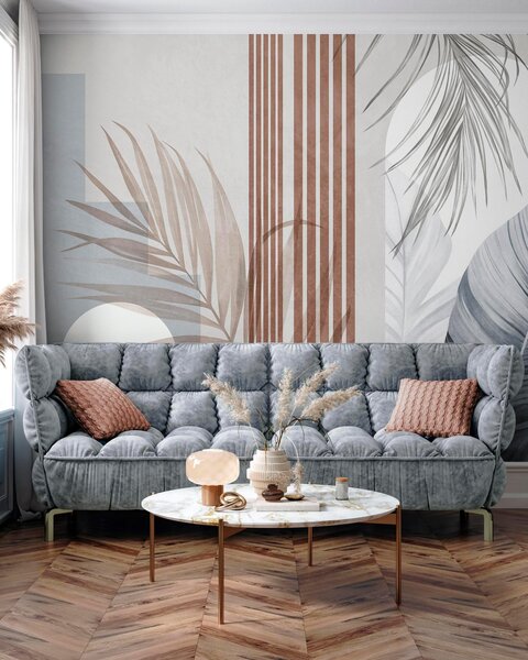 Tapet Compoziție abstractă cu frunze de palmier, arcade geometrice și dungi verticale, Imagini de fundal unice, w10110v1 : Uwalls.ro