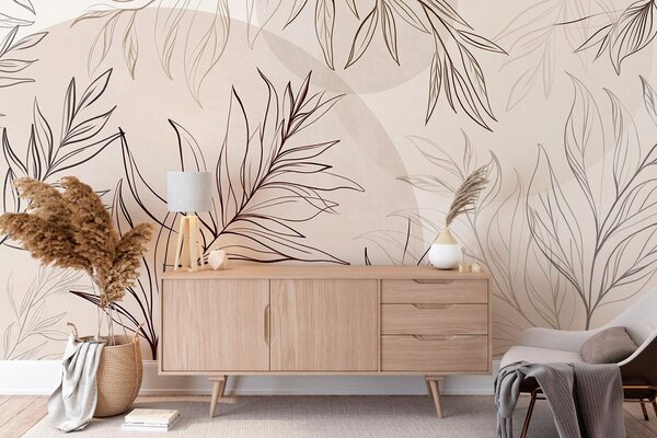 Tapet Desene minimaliste în stil line art reprezentând frunze și vegetație tropicală, forme circulare, Imagini de fundal unice, w10111v1 : Uwalls.ro