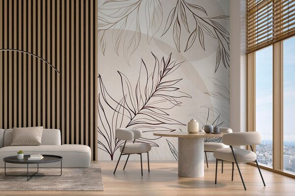 Tapet Desene minimaliste în stil line art reprezentând frunze și vegetație tropicală, forme circulare, Imagini de fundal unice, w10111v1 : Uwalls.ro