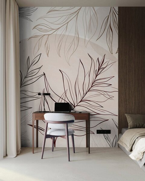 Tapet Desene minimaliste în stil line art reprezentând frunze și vegetație tropicală, forme circulare, Imagini de fundal unice, w10111v1 : Uwalls.ro