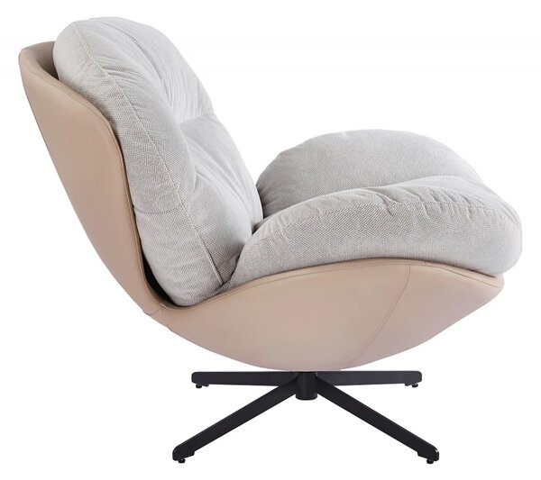 Fotoliu Lounge Rotativ 360° cu Pernă Extra Confort, Tapiterie Linen + PU, Bază Metalică Neagră, Design Modern, Alb