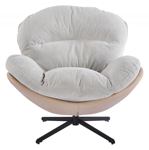 Fotoliu Lounge Rotativ 360° cu Pernă Extra Confort, Tapiterie Linen + PU, Bază Metalică Neagră, Design Modern, Alb