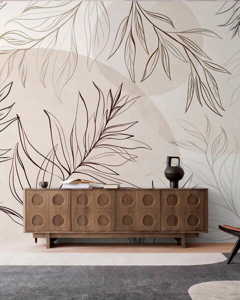 Tapet Desene minimaliste în stil line art reprezentând frunze și vegetație tropicală, forme circulare, Imagini de fundal unice, w10111v1 : Uwalls.ro