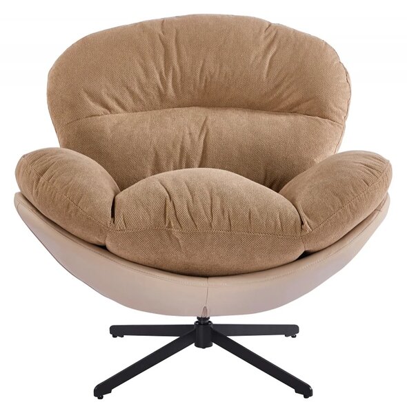 Fotoliu Lounge Rotativ 360° cu Pernă Extra Confort, Tapiterie Linen + PU, Bază Metalică Neagră, Design Modern, Maro