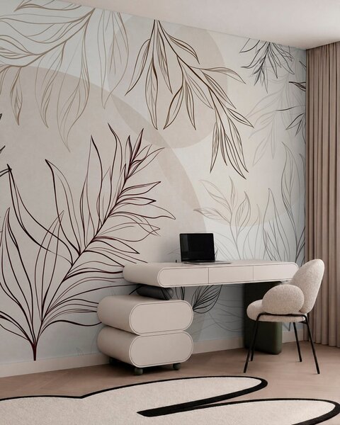 Tapet Desene minimaliste în stil line art reprezentând frunze și vegetație tropicală, forme circulare, Imagini de fundal unice, w10111v1 : Uwalls.ro