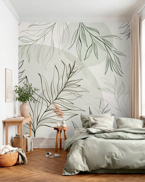 Tapet Desene minimaliste în stil line art reprezentând frunze și vegetație tropicală, forme circulare, Imagini de fundal unice, w10111v2 : Uwalls.ro